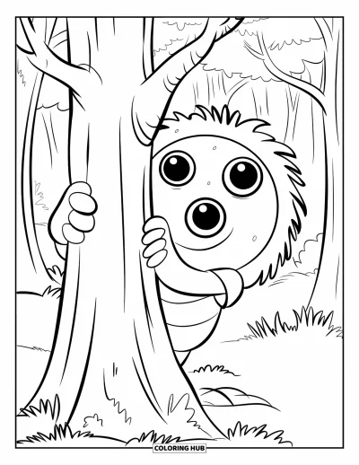 Coloriage de monstres effrayants pour enfants : Un monstre duveteux en chemise passe la tête derrière un arbre dans une forêt