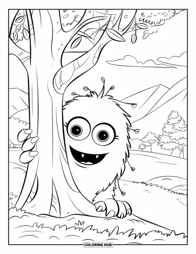 Coloriage de monstres effrayants pour enfants : Un monstre duveteux aux grands yeux passe la tête derrière un arbre près de montagnes