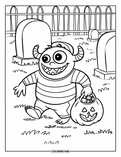 Coloriage de monstres effrayants pour enfants : Un monstre souriant en chemise rayée et chapeau se faufile entre des pierres tombales avec des friandises
