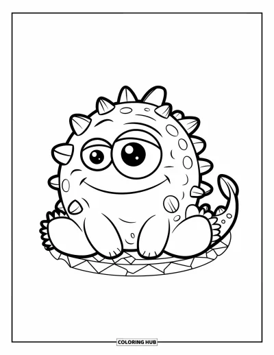 Coloriage de monstres effrayants pour enfants : Un monstre joyeux et piquant avec des pointes bosselées est assis sur une base à motifs simples