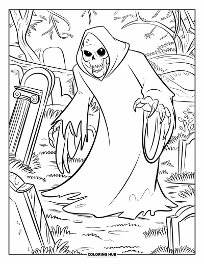 Coloriage de monstres effrayants pour enfants : Un monstre squelettique encapuchonné se cache derrière des pierres tombales tordues parmi des colonnes brisées et des plantes envahissantes