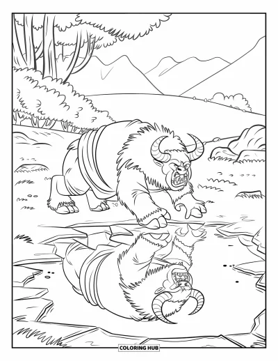 Coloriage de monstres effrayants pour enfants : Une brute cornue à l'air sauvage grogne près d'un étang fissuré et de montagnes lointaines