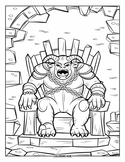 Coloriage de monstres effrayants pour enfants : Un monstre cornu enchaîné est assis sur un trône de pierre en ruine dans un château délabré