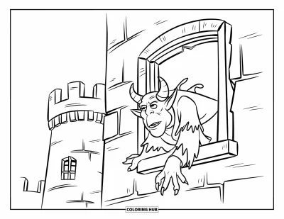 Coloriage de monstres effrayants pour enfants : Un monstre cornu se glisse par une fenêtre brisée de château vêtu d'une robe en lambeaux