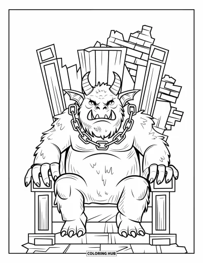 Coloriage de monstres effrayants pour enfants : Un monstre cornu avec des chaînes repose sur un trône brisé près de ruines de château