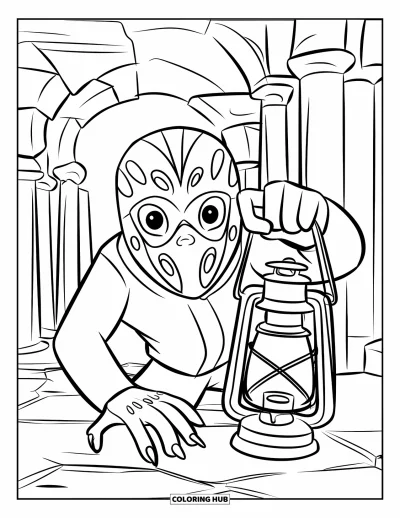 Coloriage de monstres effrayants pour enfants : Un monstre masqué avec une lanterne se glisse sous d'antiques arches et colonnes
