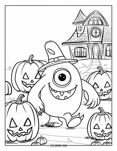 Coloriage de monstres effrayants pour enfants : Un monstre à un œil avec un chapeau erre dans un champ de citrouilles près d'une maison hantée