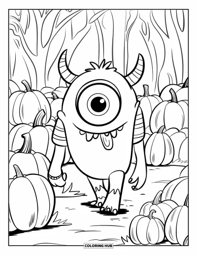 Coloriage de monstres effrayants pour enfants : Un monstre à un œil marche dans un champ de citrouilles hanté sous un ciel menaçant