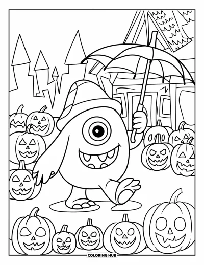 Coloriage de monstres effrayants pour enfants : Un monstre à un œil avec un parapluie marche parmi des citrouilles fantomatiques et une maison hantée