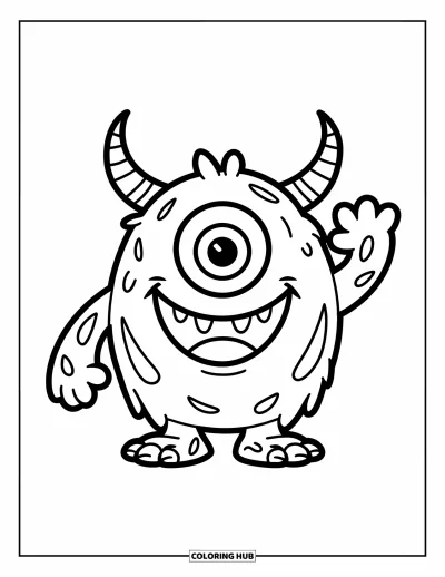 Coloriage de monstres effrayants pour enfants : Un monstre à un œil avec des cornes et un grand sourire agite la main joyeusement