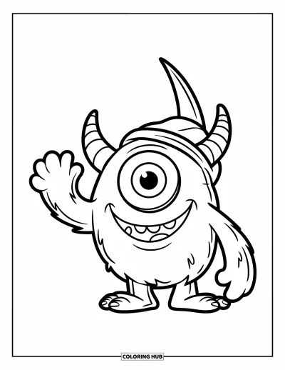 Coloriage de monstres effrayants pour enfants : Un monstre à un œil avec de petites cornes agite la main joyeusement en portant un chapeau
