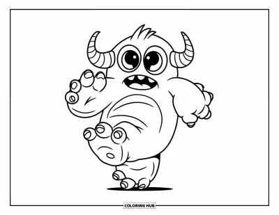 Coloriage de monstres effrayants pour enfants : Un monstre rond et bondissant aux grands pieds et aux cornes spiralées saute sur place