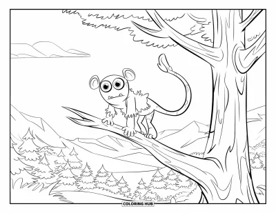 Coloriage de monstres effrayants pour enfants : Un monstre aux yeux ronds avec une longue queue se tient sur une branche tordue près de montagnes
