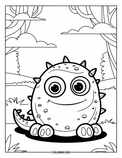 Coloriage de monstres effrayants pour enfants : Un monstre rond et piquant avec un sourire radieux est assis près de nuages et d'arbres