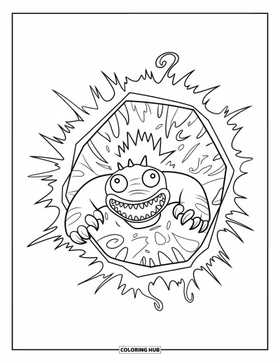 Coloriage de monstres effrayants pour enfants : Un monstre écailleux aux griffes jaillit dans un portail magique tourbillonnant