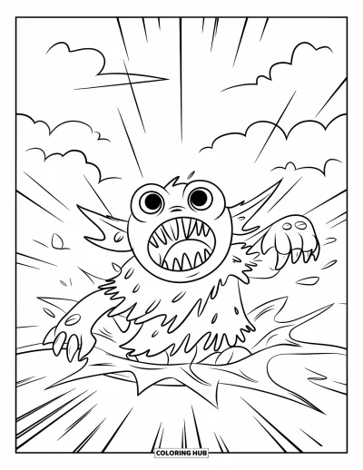 Coloriage de monstres effrayants pour enfants : Un monstre aux dents acérées bondit dans un portail lumineux sous un ciel nuageux
