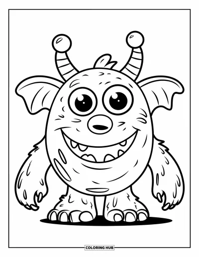Coloriage de monstres effrayants pour enfants : Un monstre souriant avec de grandes oreilles tombantes, deux pattes et une grosse dent se tient joyeusement