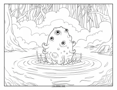 Coloriage de monstres effrayants pour enfants : Un monstre des marais tentaculaire surgit dans un sol tourbillonnant, une brume épaisse et des arbres noueux