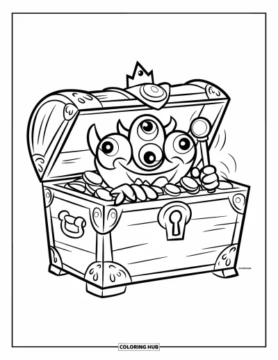 Coloriage de monstres effrayants pour enfants : Un monstre à trois yeux surgit d'un coffre au trésor rempli de pièces d'or