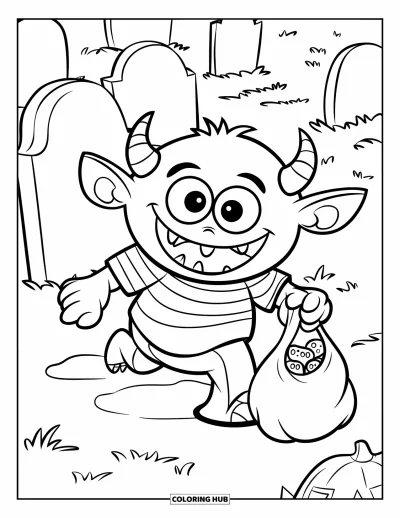 Coloriage de monstres effrayants pour enfants : Un monstre au large sourire marche sur la pointe des pieds entre des pierres tombales avec un sac de friandises
