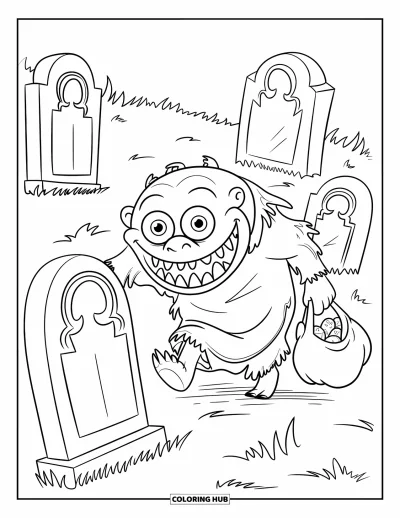 Coloriage de monstres effrayants pour enfants : Un monstre au large sourire avec des friandises se glisse autour de pierres tombales sous un ciel nocturne sombre