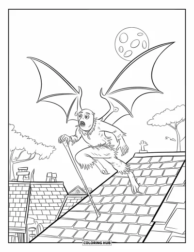Coloriage de monstres effrayants pour enfants : Un monstre ailé en vêtements déchirés bondit de toit en toit avec un bâton sous la pleine lune