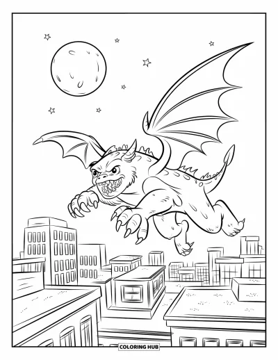 Coloriage de monstres effrayants pour enfants : Un monstre ailé bondit sur des toits de la ville sous la pleine lune et un ciel étoilé