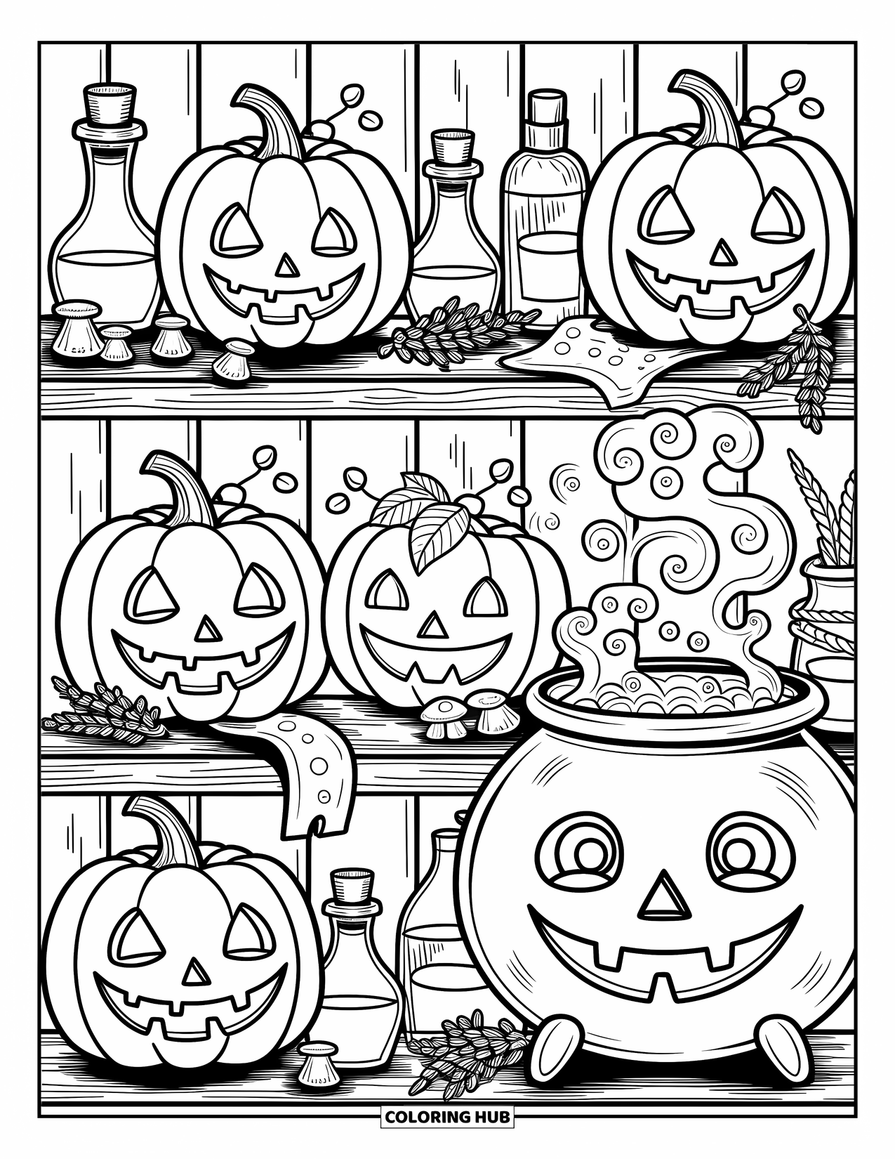 Scary Pumpkin Coloring Page for Adults: Bubbling cauldron beside glowing pumpkins with mushrooms and vines peeking out
