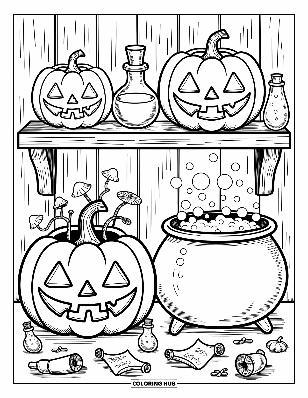 Scary Pumpkin Coloring Page for Adults: Pumpkin shelf with glowing faces among potions, scrolls, and herbs