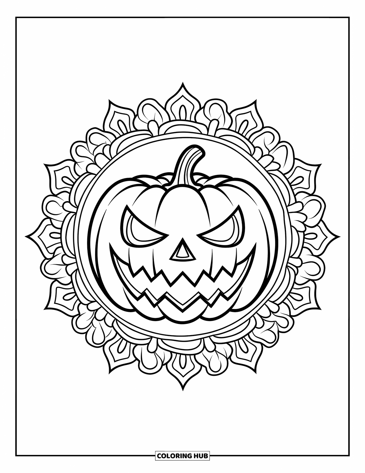 Scary Pumpkin Coloring Page for Adults: Pumpkin with jagged mouth centered in a floral mandala frame