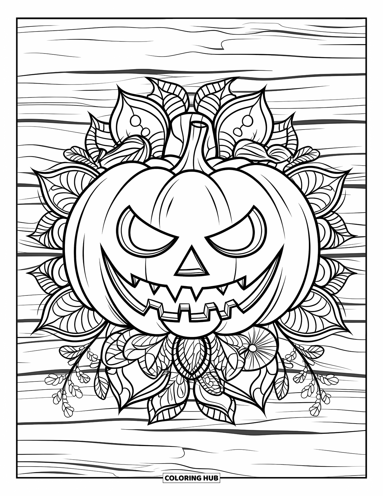 Scary Pumpkin Coloring Page for Adults: Pumpkin with sinister grin on a wooden base framed by floral mandala patterns