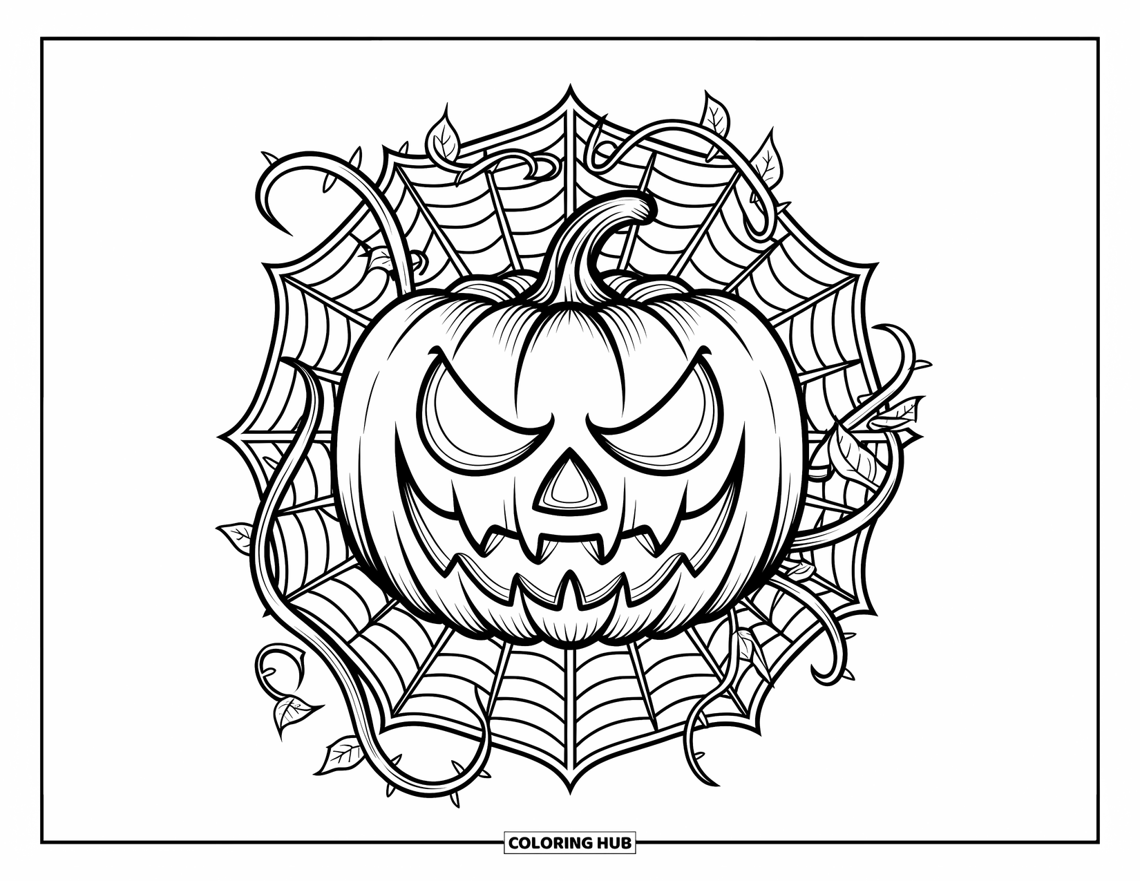 Scary Pumpkin Coloring Page for Adults: Pumpkin with thorny vines framed in intricate stained glass spiderweb design