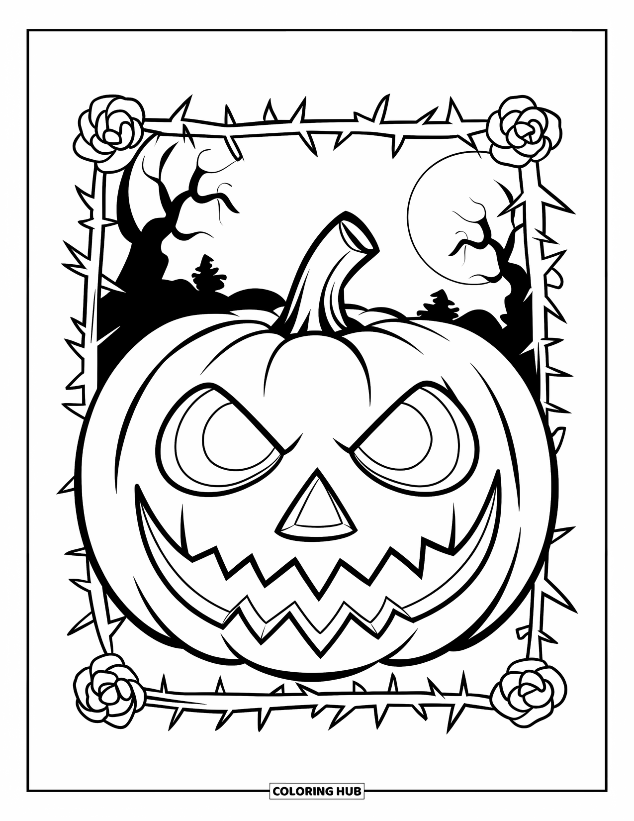 Scary Pumpkin Coloring Page for Adults: Pumpkin with wide grin framed by thorny roses under a full moon