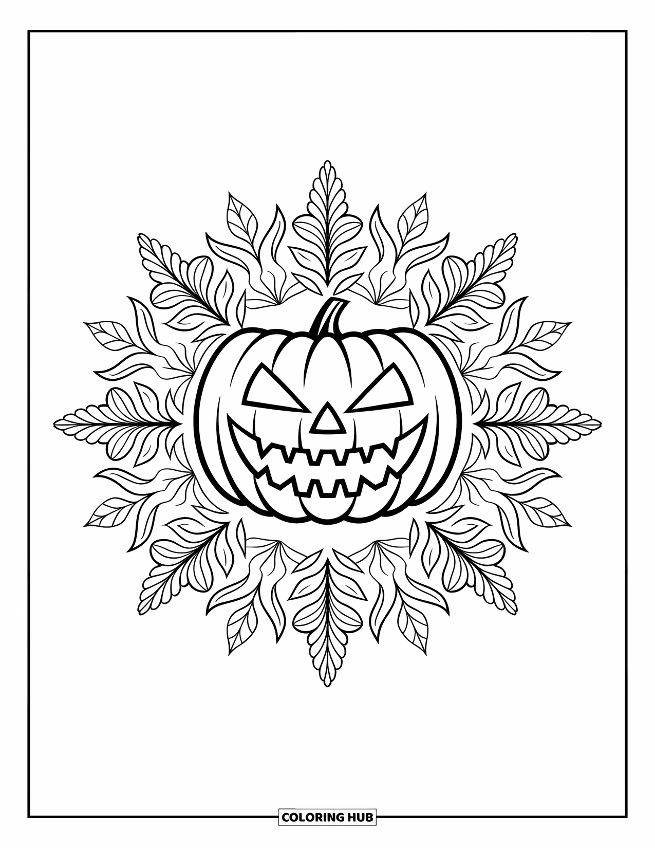 Scary Pumpkin Coloring Page for Adults: Pumpkin with wide grin surrounded by a botanical mandala of vines and flowers