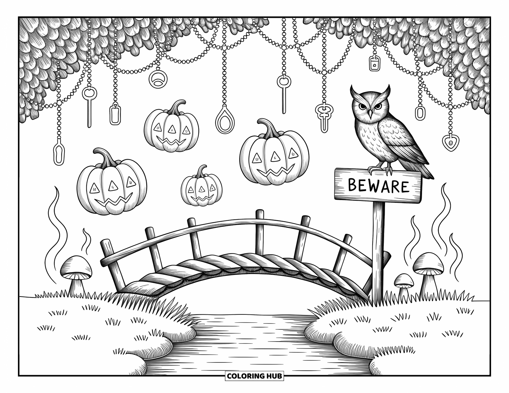 Scary Pumpkin Coloring Page for Adults: Rickety bridge over misty stream with glowing pumpkins and playful ghostly lights
