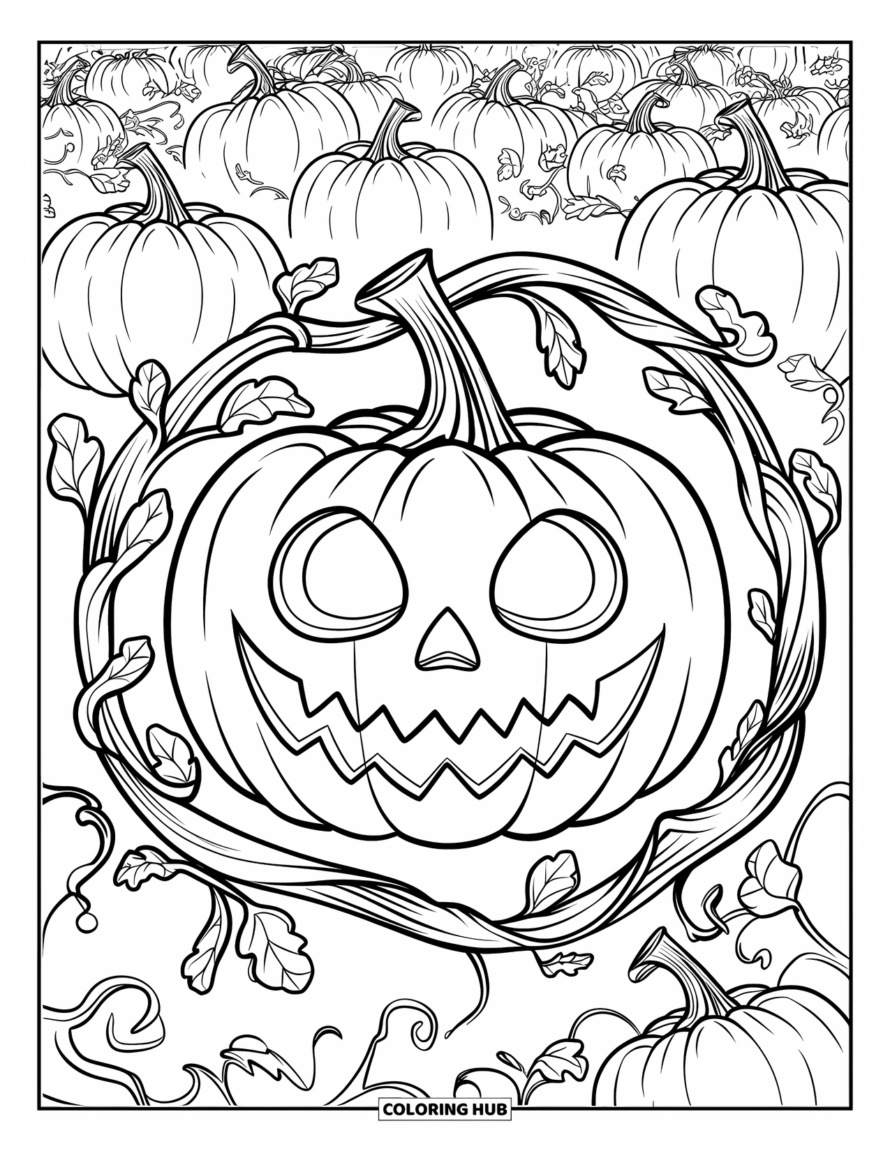 Scary Pumpkin Coloring Page for Adults: Twisted pumpkins with eerie grins surrounded by vines in a dense forest