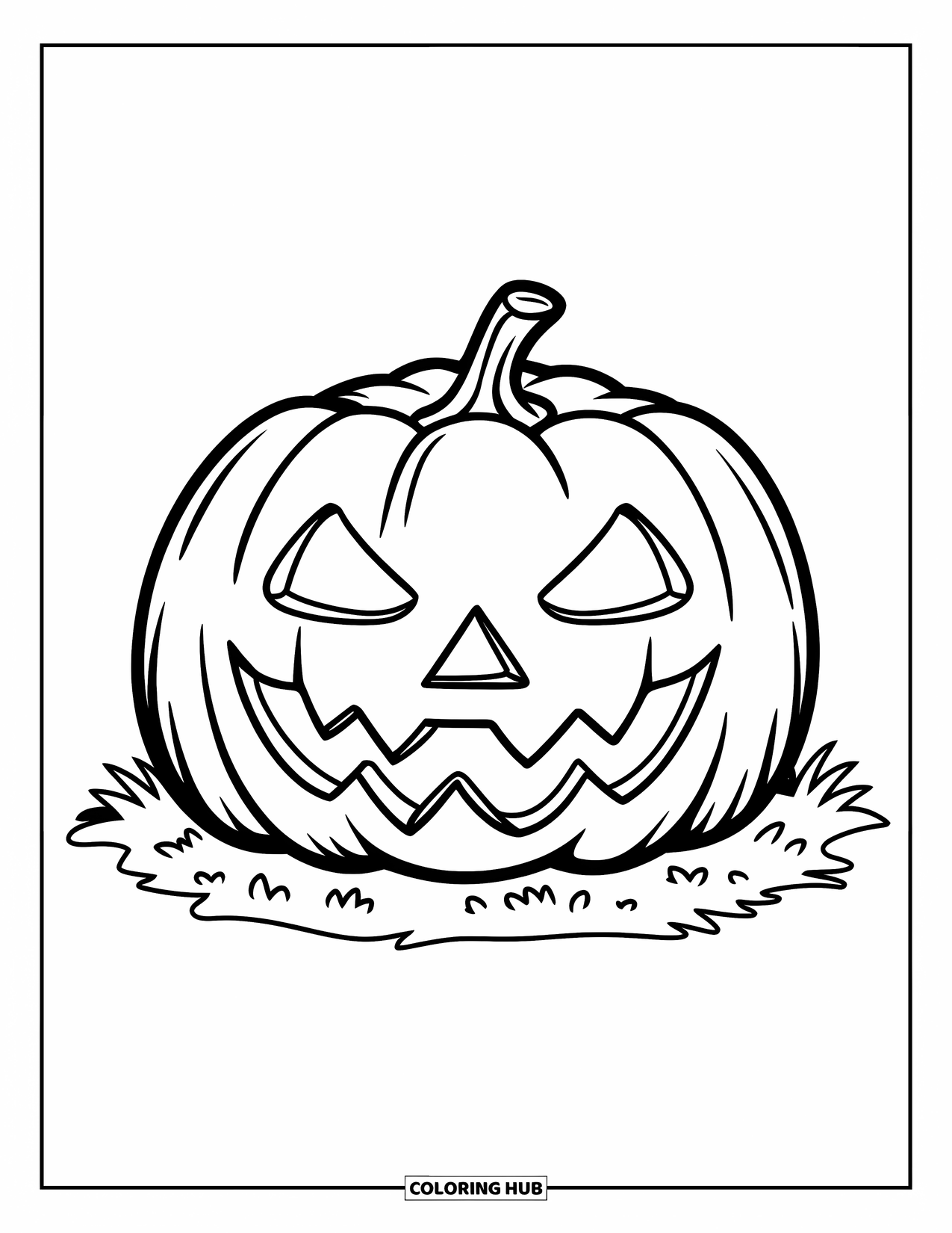 Scary Pumpkin Coloring Page for Kids: Big pumpkin with triangle eyes and zigzag grin sitting on grassy ground
