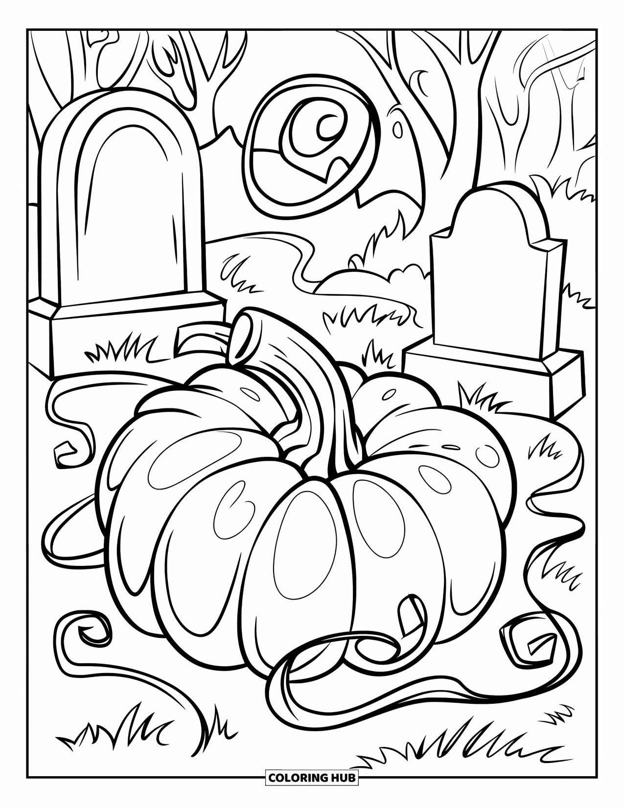 Scary Pumpkin Coloring Page for Kids: Creepy pumpkin vines twisting across tombstones in a spooky graveyard