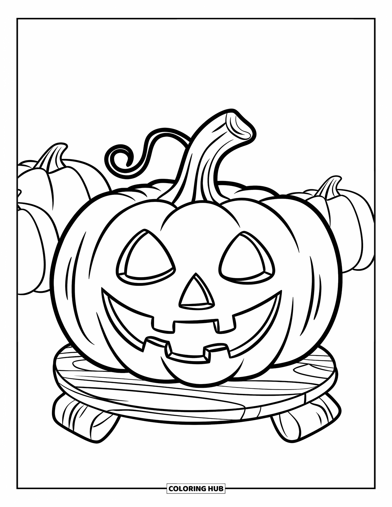 Scary Pumpkin Coloring Page for Kids: Curly-stemmed pumpkin with a spooky smile sitting on a wooden base
