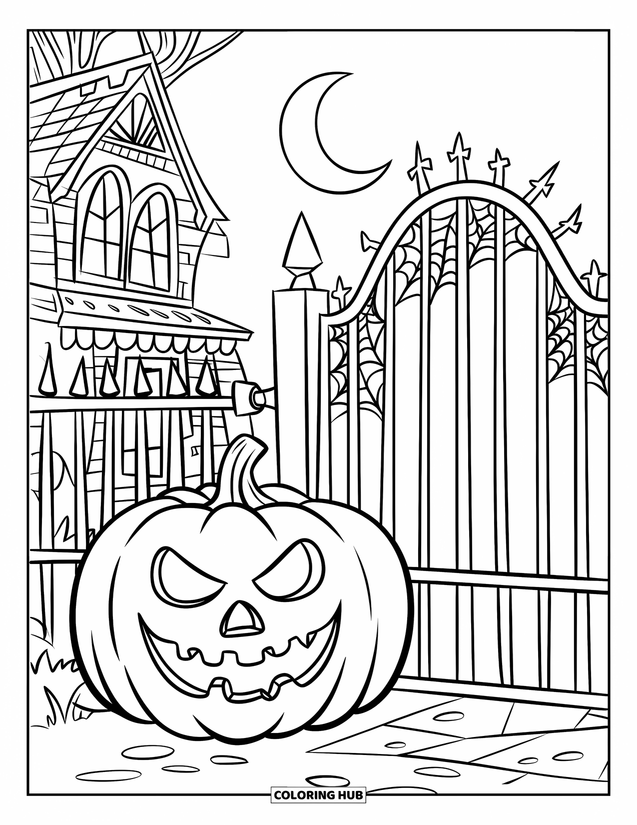 Scary Pumpkin Coloring Page for Kids: Grinning pumpkin resting by a haunted gate under a starry crescent moon