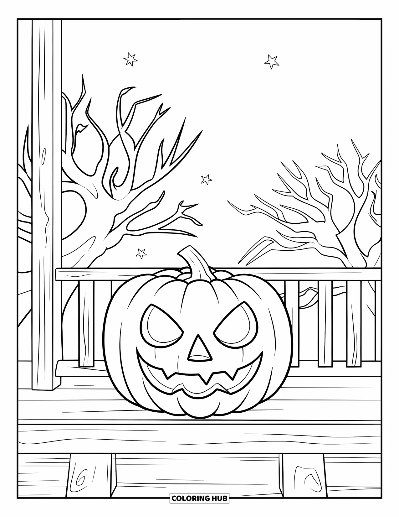 Scary Pumpkin Coloring Page for Kids: Jack-o'-lantern glowing on a porch with eerie trees under the night sky