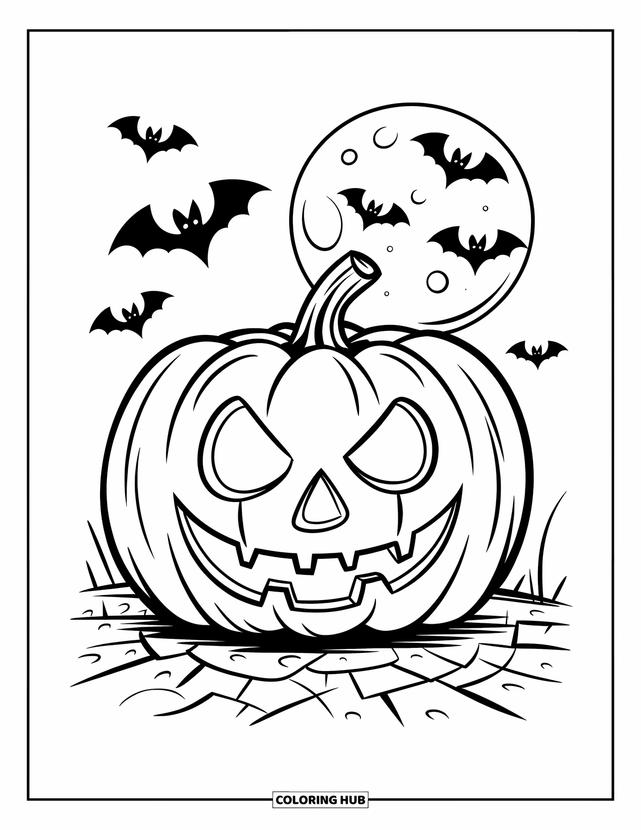Scary Pumpkin Coloring Page for Kids: Jack-o'-lantern glowing on cracked earth beneath bats and a full moon