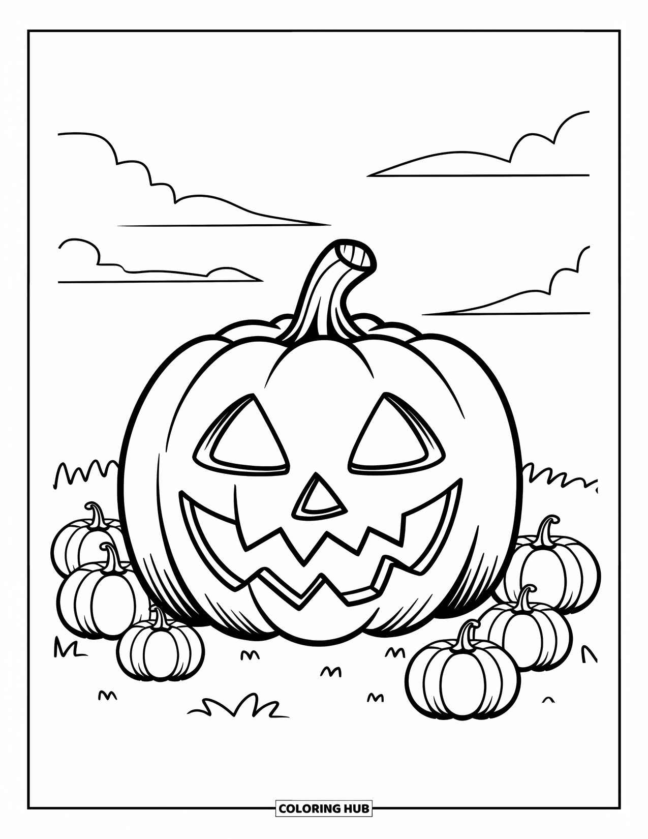 Scary Pumpkin Coloring Page for Kids: Large pumpkin with a zigzag mouth surrounded by smaller pumpkins on grass