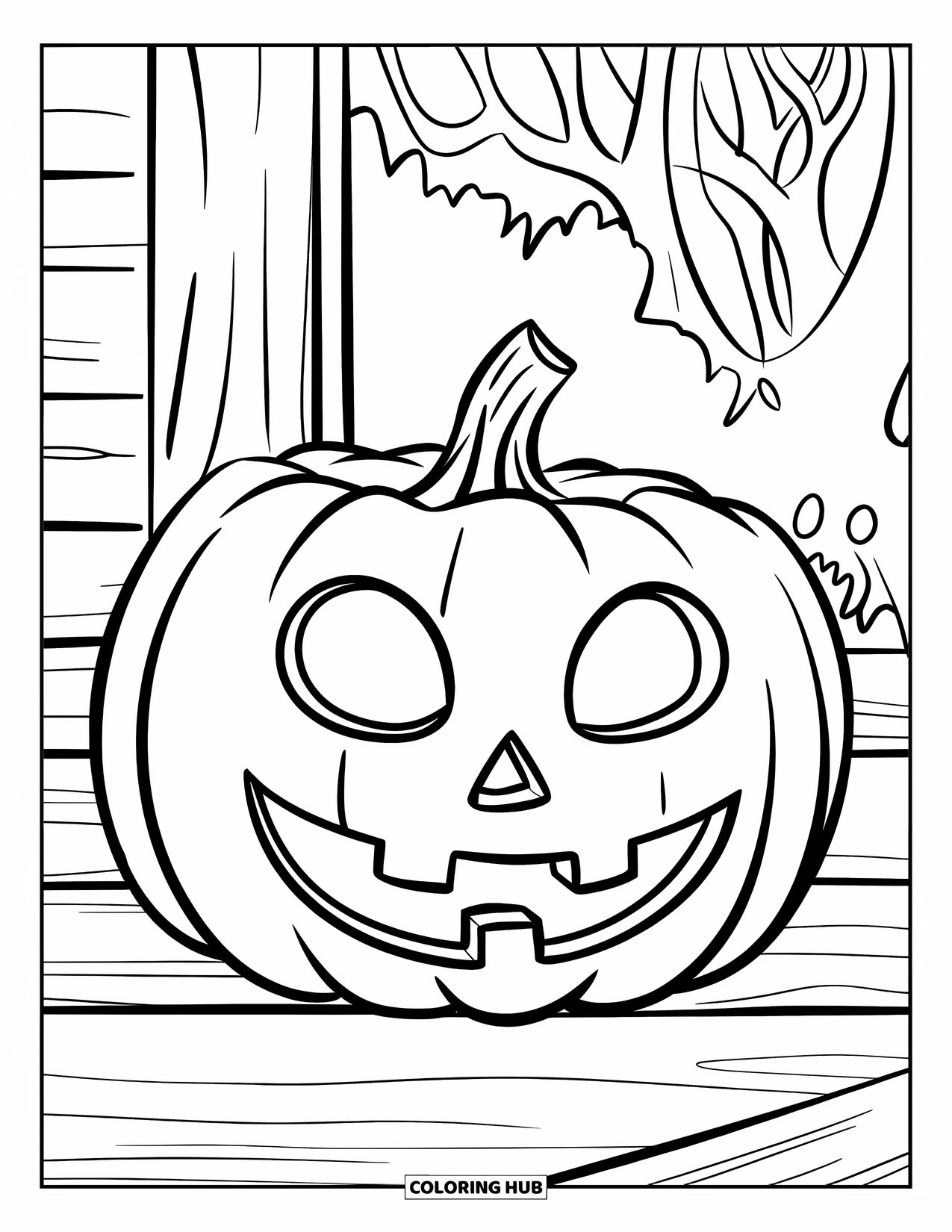 Scary Pumpkin Coloring Page for Kids: Pumpkin glowing on a wooden porch with spooky trees around it