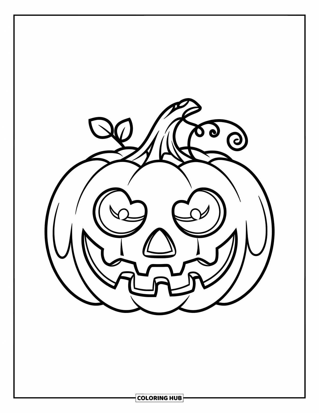 Scary Pumpkin Coloring Page for Kids: Pumpkin with a spooky grin and curly stem decorated with small leaves