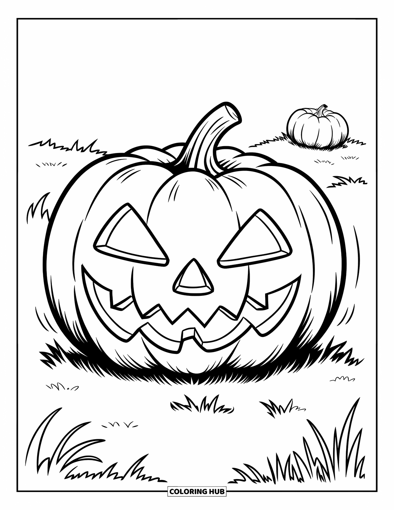 Scary Pumpkin Coloring Page for Kids: Pumpkin with a zigzag grin resting in a grassy field with others