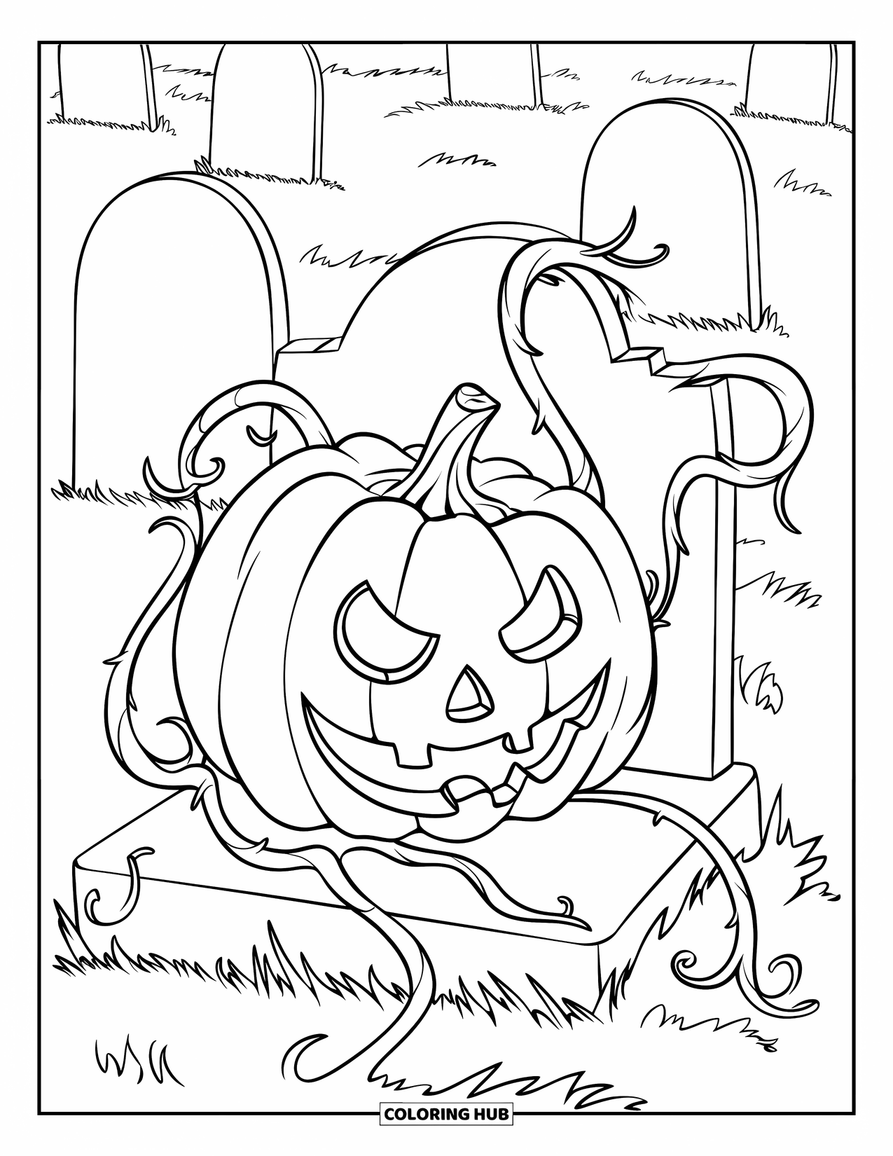 Scary Pumpkin Coloring Page for Kids: Pumpkin with curling vines creeping across an old graveyard of tombstones