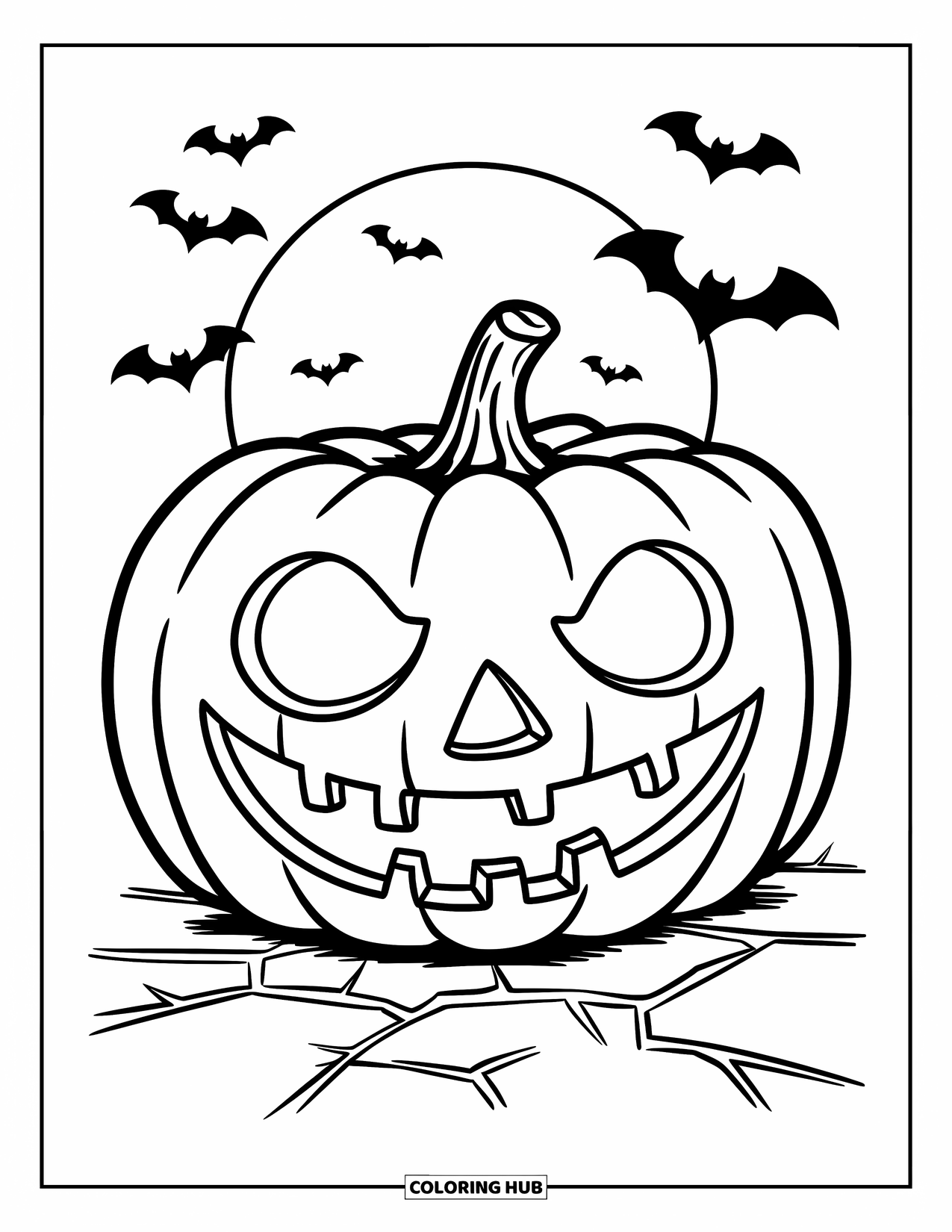 Scary Pumpkin Coloring Page for Kids: Pumpkin with sharp grin glowing under the full moon and flying bats