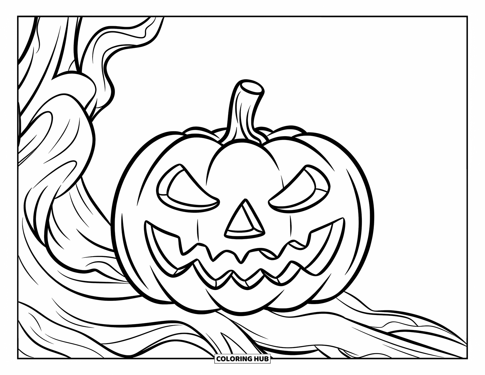 Scary Pumpkin Coloring Page for Kids: Pumpkin with sharp teeth glowing beside a cluster of twisted tree roots