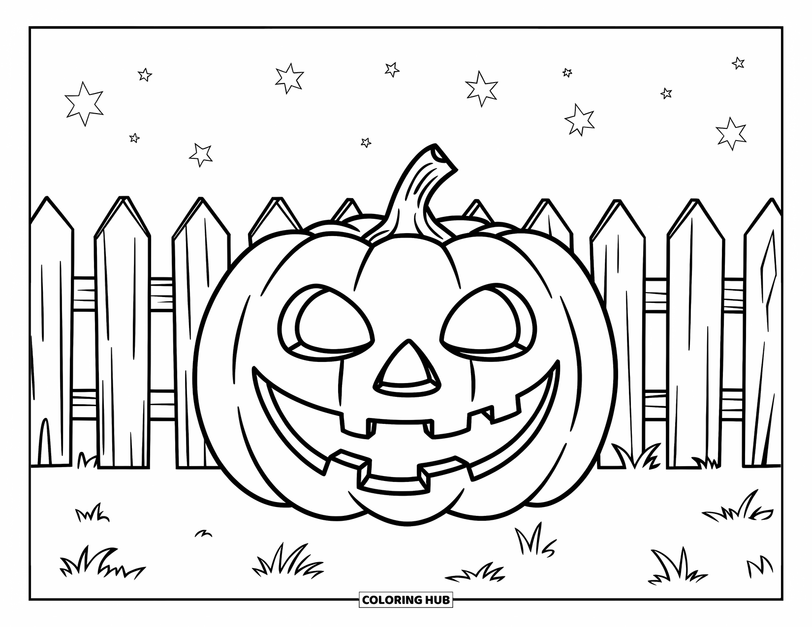 Scary Pumpkin Coloring Page for Kids: Spooky pumpkin with sharp teeth glowing near a wooden fence at night